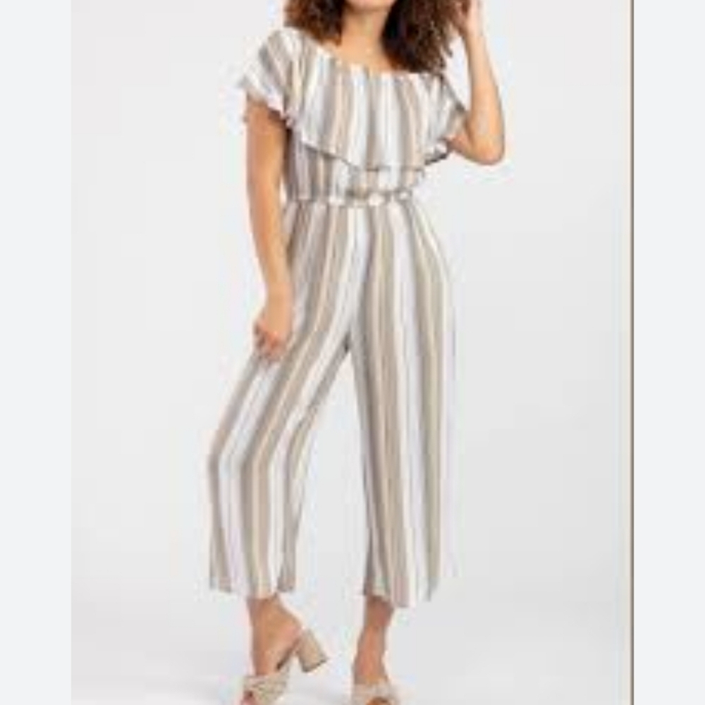 Tribal Off Shoulder Cream Blue Striped Jumpsuit Size Xs 2 Pockets!